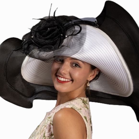 Extravagant Couture Wide Brim Bold Avant Garde Black White Hat Church Derby Tea